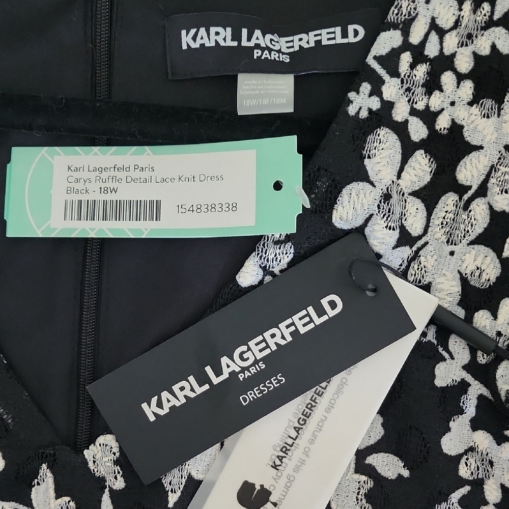 Karl Lagerfeld Black and White Sheath Dress with V-Neck Bishop Sleeves - Picture 3 of 6